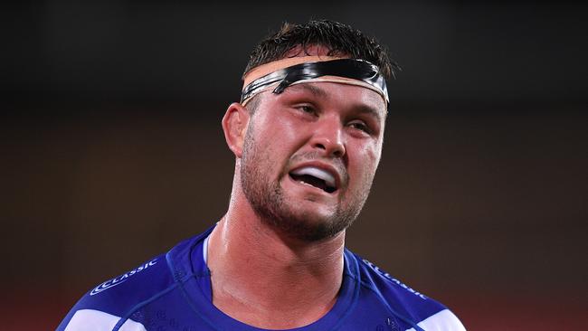 Joe Stimson reacts after leaving the field in his second game as a Bulldog. Picture: AAP Image/Dan Himbrechts