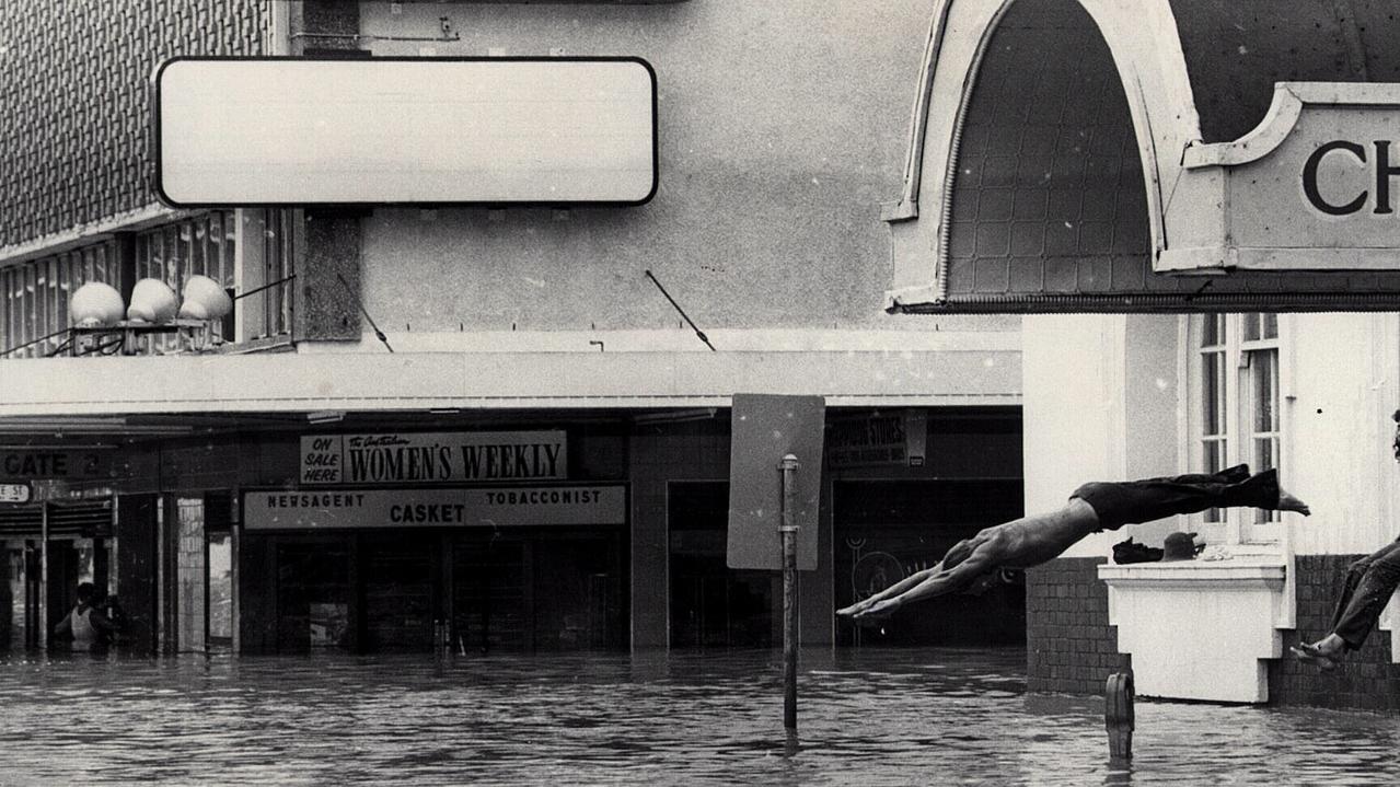 Festival Hall on the corner of Albert and Charlotte streets during the 1974 flood. Picture: Geoff McLachlan. 