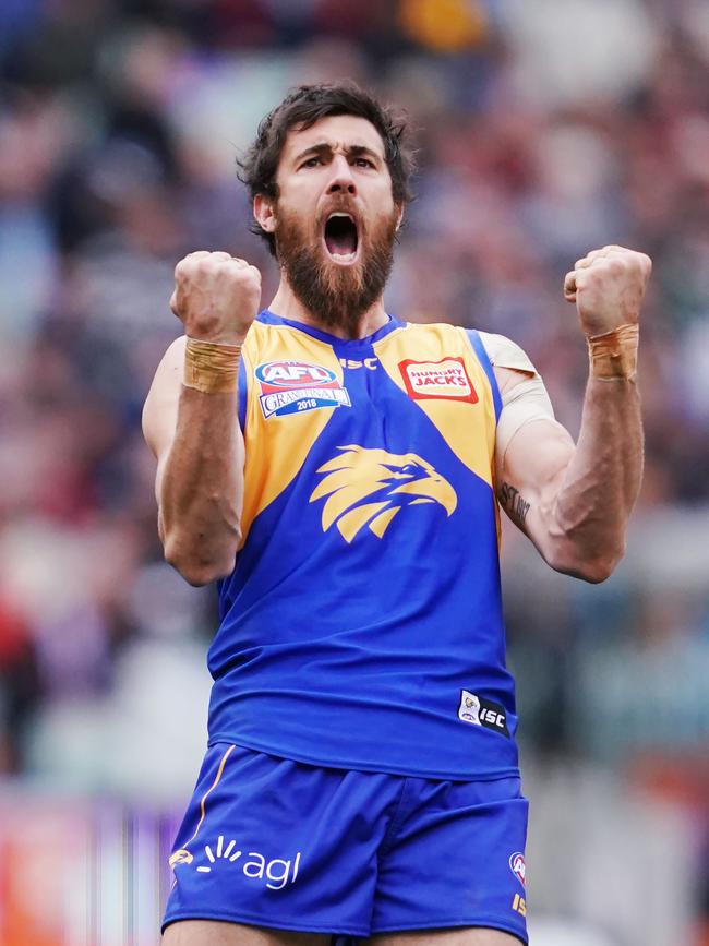 Eagles Josh Kennedy celebrates a goal during the 2018 AFL Grand Final. Picture: Michael Dodge/Getty