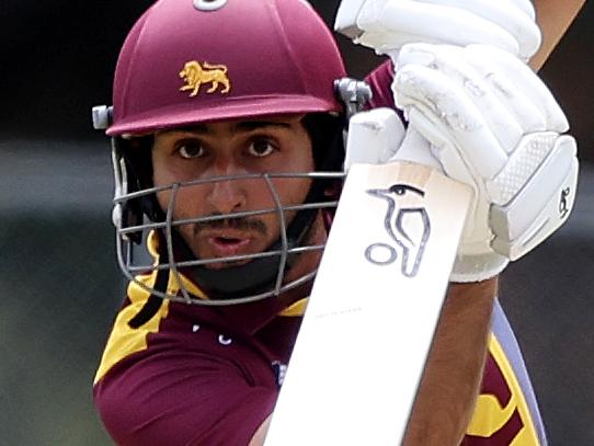 Premier Cricket 2021-22. Fitzroy Doncaster v Melbourne University at Schramms Reserve, December 11, 2021 in Doncaster.  Ejaaz Alavi of Fitzroy Doncaster at bat.Picture : George Sal