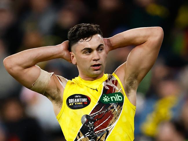 MELBOURNE, AUSTRALIA - MAY 20: Tim Taranto of the Tigers reacts to a missed shot at goal during the 2023 AFL Round 10 match between the Essendon Bombers and the Richmond Tigers at the Melbourne Cricket Ground on May 20, 2023 in Melbourne, Australia. (Photo by Dylan Burns/AFL Photos via Getty Images)