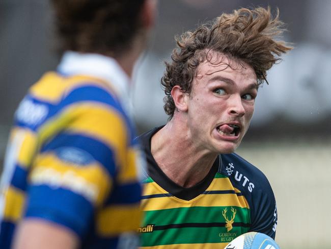 25/04/25. News Local. Sport. Camperdown, Sydney, NSW.Pics by Julian Andrews.Action pictures from the 1st Colts RFU match between Sydney University and Gordon in Camperdown.Picture shows:Uni player: Gordon player: Archie McGurk has his game face on