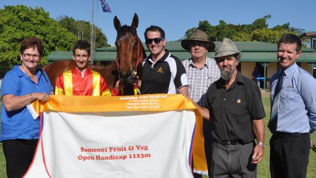 Camphor, Jockey Brayden Swaffer, Owner Peter Rowe, Trainer Trevor Rowe and former Turf Club President Wes King.