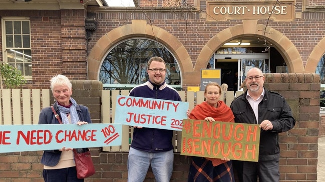 Rachel Russell and her 'Respectful Representation' ticket protesting outside Moss Vale Court on June 8, when Barry Paull was scheduled for his first court appearance.