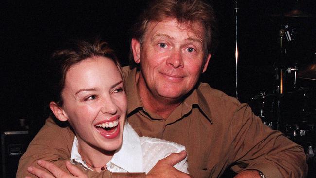 Singer actor Kylie Minogue (l) with singer John Farnham rehearsing for East Timor concert for Australian troops 14 Dec 1999.