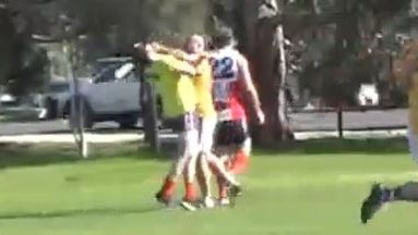 Screenshot of video footage of an incident involving a Central United player and Adelaide Lutheran runner during their game on Saturday.