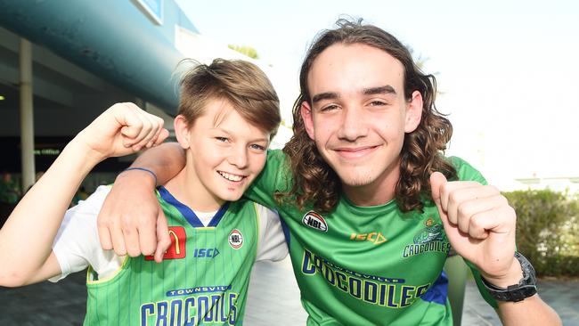 Seen at from the Crocodiles v Perth Wildcats match from the Townsville Entertainment Centre. Kai Bottrill 14 and Max Norton 15.