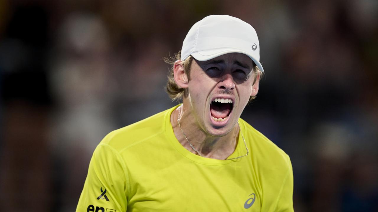 SYDNEY, AUSTRALIA - JANUARY 06: Alex De Minaur of Australia celebrates winning the second set the semi-final match against Alexander Zverev of Germany during the 2024 United Cup at Ken Rosewall Arena on January 06, 2024 in Sydney, Australia. (Photo by Brett Hemmings/Getty Images)