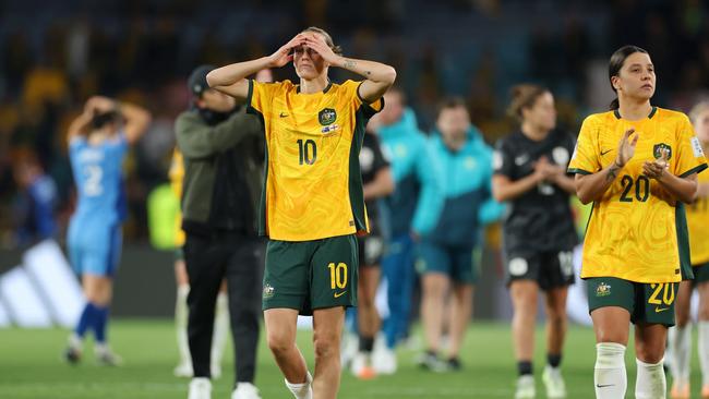 Emily Van-Egmond and Sam Kerr after the loss to England. Picture: Catherine Ivill/Getty Images