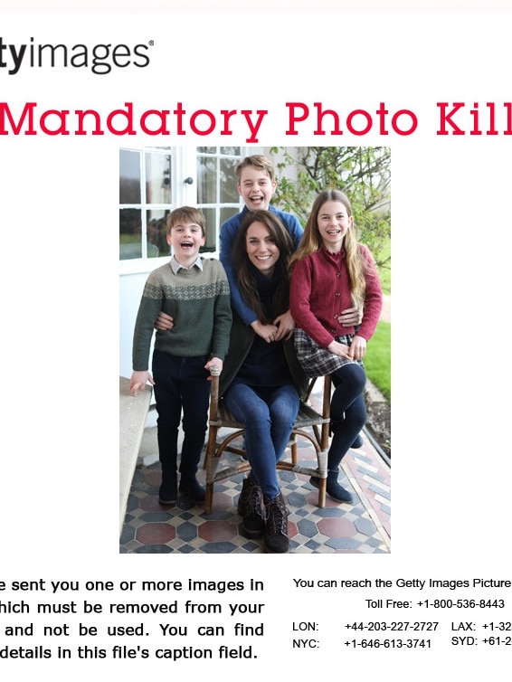 Four of the world’s biggest photo agencies issued a “mandatory kill” on the portrait. Picture: Handout/Prince of Wales/Kensington Palace via Getty Images