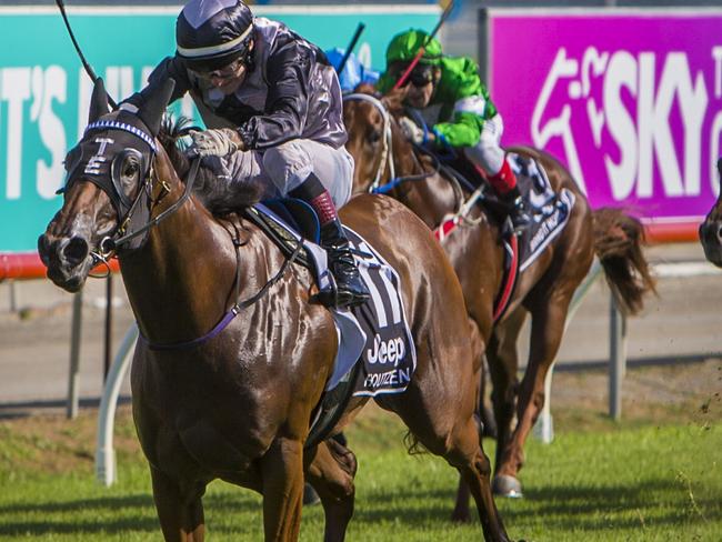 Jockey Jeff Lloyd riding Houtzen wins the Magic Millions 2YO Classic at the Magic Millions racing carnival at the Gold Coast Turf Club on the Gold Coast, Saturday, Jan. 14, 2017. (AAP Image/Glenn Hunt) NO ARCHIVING, EDITORIAL USE ONLY