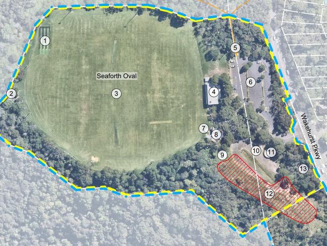 The location, in red, of the proposed bike park at Seaforth Oval. Picture: Northern Beaches Council
