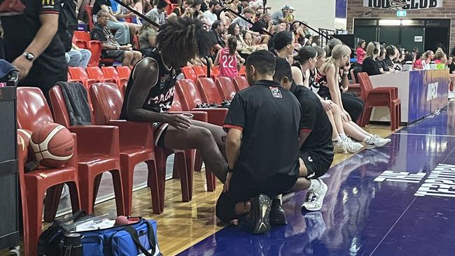 Mackay Meteorettes import, Brittany Reeves, receiving medical treatment against the Salties on Saturday. She could miss the rematch game in Queensland this week.