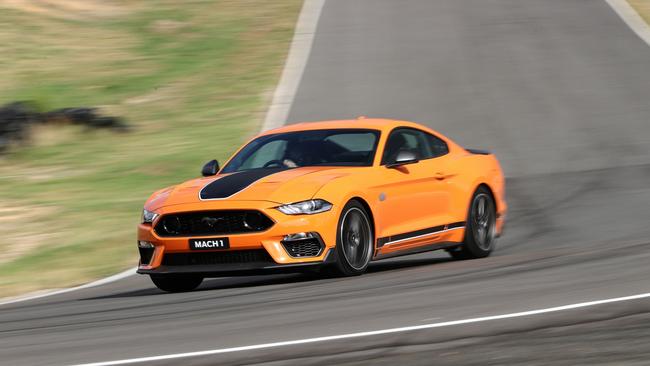 The Mustang Mach 1 has unique front-end styling and retro body stripes.