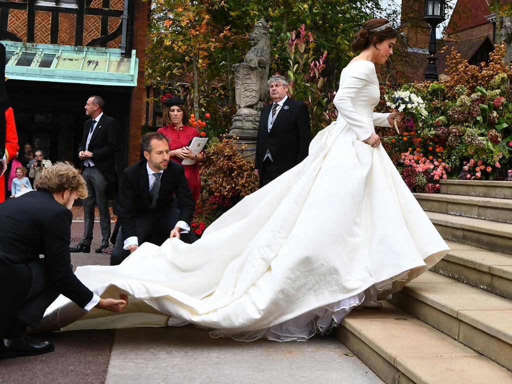 Princess Eugenie arrives for her wedding to Jack Brooksbank at St George’s Chapel in Windsor Castle on October 12, 2018 in Windsor, England. (Photo by Victoria Jones - WPA Pool/Getty Images)