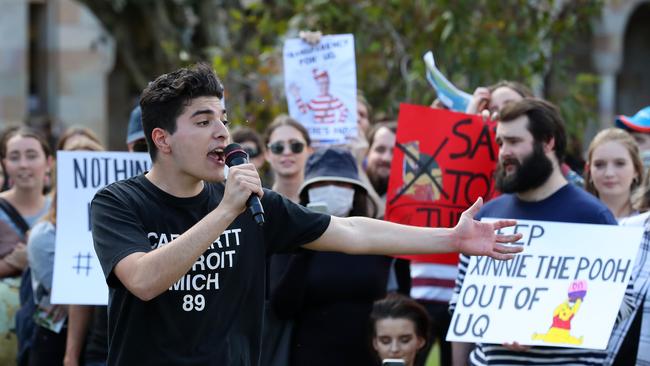 Drew Pavlou and University of Queensland students protest against the uni's China-aligned Confucius Institute, St Lucia in 2019. Picture: Liam Kidston