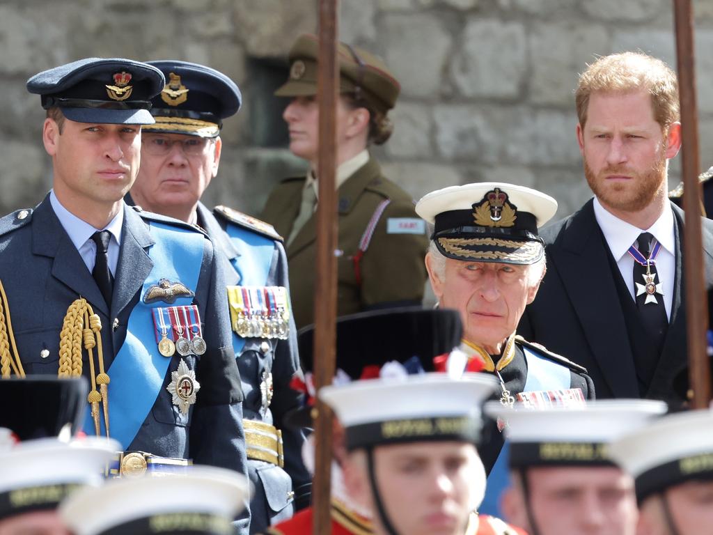 Prince William, King Charles and Prince Harry at the Queen’s funeral. Picture: Getty Images