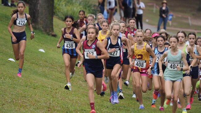 Gabrielle Kranen of Brisbane State High and Keilani Kratzmann of Moreton Bay College leading the charge at All Schools 12 Years race, Photo credit Lizel Moore.