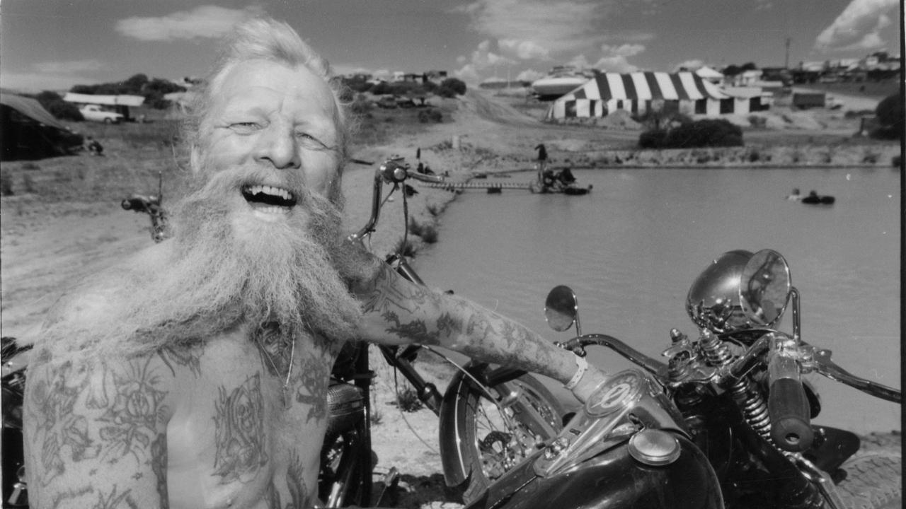 Moses, from Jervois, on his 1947 Flathead Harley Davidson motorcycle at Ponde rock music festival, held by the Hell's Angels Motorcycle Club in Ponde near Mannum, SA, 19 Feb 1993.