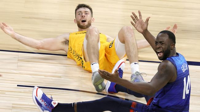 Nick Kay #15 of the Australia Boomers and Draymond Green #14 of the United States react after Kay fouled Green. Picture: Ethan Miller/Getty Images