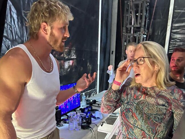 WA Deputy premier Rita Saffioti MLA having "a few words" with Logan Paul backstage at a WWE event in Perth. Picture: Facebook / Rita Saffioti