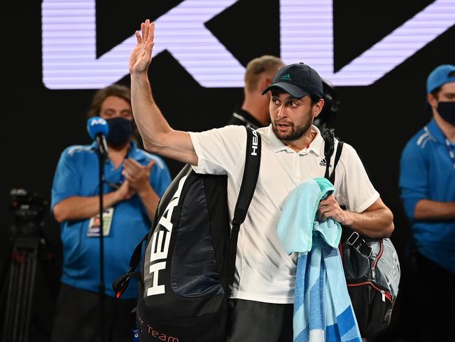 Aslan Karatsev waves to the crowd following defeat to Djokovic. Picture: Getty Images