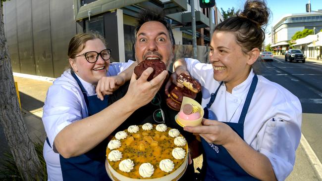 St Louis House of Fine Ice Cream &amp; Dessert founder George Karamalis, flanked by dessert chefs Victoria Willis and Lydia Schofield outside their new Prospect shop. Picture: RoyVPhotography