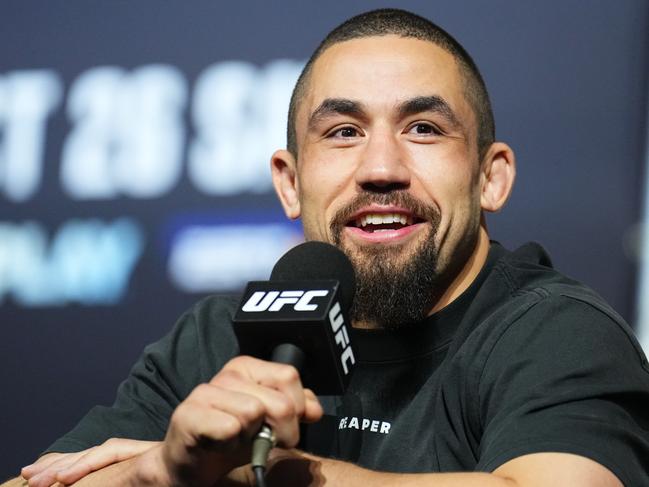 ABU DHABI, UNITED ARAB EMIRATES - OCTOBER 24: Robert Whittaker of New Zealand is seen on stage during the UFC 308 press conference at Etihad Arena on October 24, 2024 in Abu Dhabi, United Arab Emirates.  (Photo by Chris Unger/Zuffa LLC)