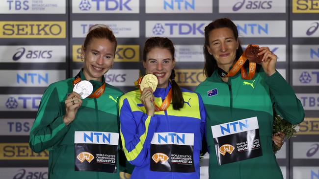 Silver medallist Eleanor Patterson, gold medallist Yaroslava Mahuchikh and bronze medallist Nicola Olyslagers. Picture: Stephen Pond/Getty Images for World Athletics