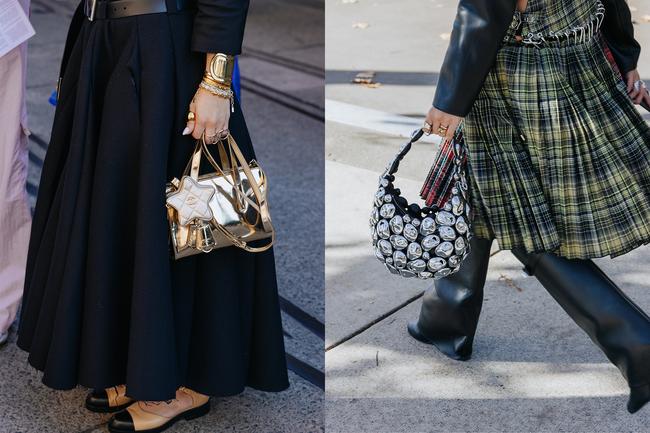 Image credits: Liz SunshineOutside of the shows, guests gave a guide to styling the trend in a number of looks. Whether it’s a classic golden mini tote that livens up an all-black fit, or a contemporary black shoulder bag adorned with silver pebbles to complement an already-vibrant outfit, a metallic bag is never a bad idea.