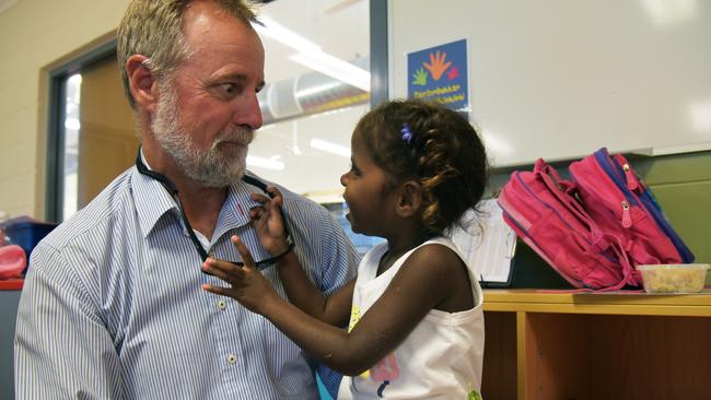 Nigel Scullion, pictured during a recent visit to Gunbalanya School in Arnhem Land, says the date of Australia Day isn’t an issue with the indigenous people he talks to. Picture: AAP