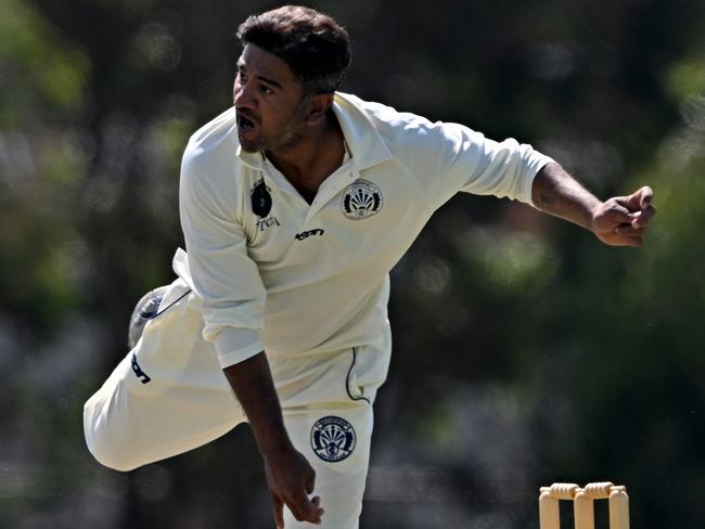 SunshineÃs Kaushal Lokuarachchi during the  VTCA Sunshine v St Francis de Sales cricket match in Sunshine North, Saturday, Feb. 11, 2023.Picture: Andy Brownbill