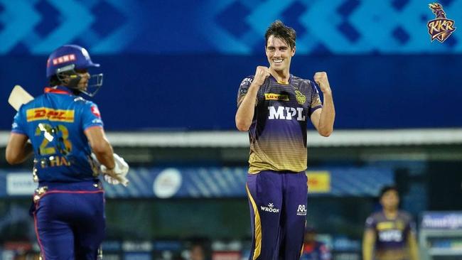 Pat Cummins celebrates taking a wicket for the Knight Riders in the IPL. Picture: Kolkata Knight Riders Official