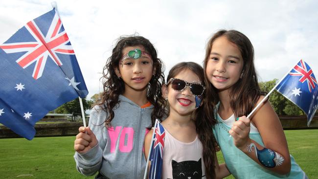 Olivia Kosiak (9), Tahliya (7) and Micaelar (8) Kennedy at Wollondilly Council Australia Day.