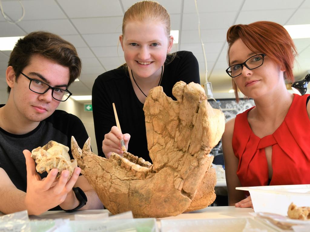 CAREERS: Bachelor of Science (Palaeontology) students Fraser Brown, Rachel Oertel and Maddison Randall at Flinders University’s $1.1m palaeontology laboratory. MUST CREDIT: Flinders University