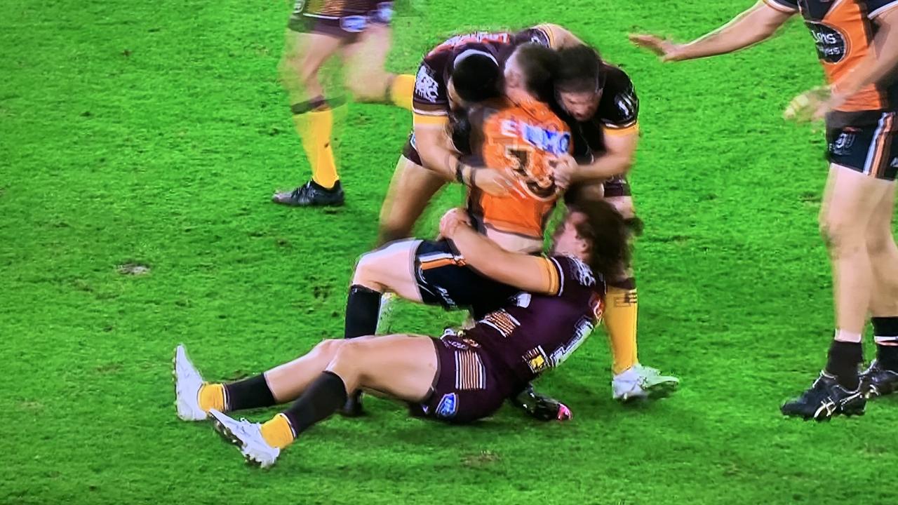 Pat Carrigan was placed on report for this tackle on Wests Tigers’ Jackson Hastings.