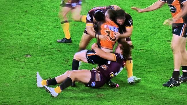 Pat Carrigan was placed on report for this tackle on Wests Tigers’ Jackson Hastings.