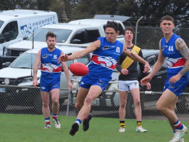 South Launceston's Leigh Harding boots one of his three goals in Saturday's win over Longford. Picture: Jon Tuxworth