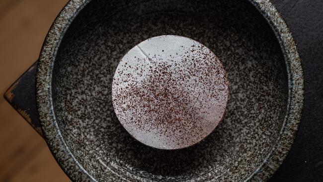 Pneuma’s dark chocolate, preserved black cherry, roasted vanilla cream and caramelised cocoa nib. Picture: David Kelly