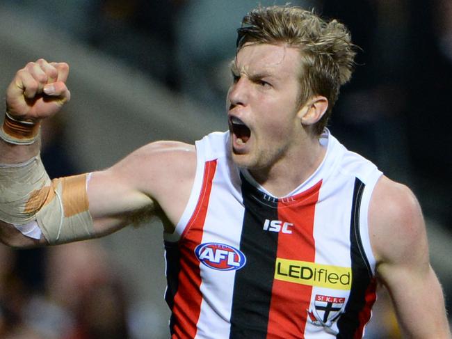 AFL - ROUND 23, West Coast Eagles vs St Kilda Saints, Subiaco Oval, Perth. Photo by Daniel Wilkins. PICTURED - St Kilda's Hugh Goddard celebrates a goal in the second term