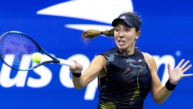 USA's Jessica Pegula hits a return to Poland's Iga Swiatek during their 2022 US Open Tennis tournament women's singles quarter-final match.