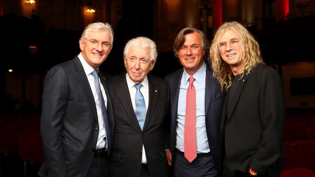 Steven Lowy, Sir Frank Lowy, Peter Lowy and David Lowy at today’s meeting. (Hollie Adams/The Australian)