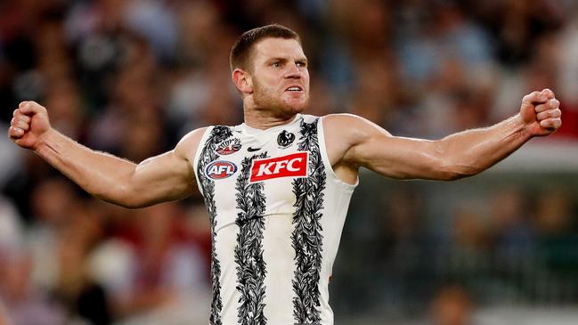 Taylor Adams with the flex after a massive goal in the Pies’ win. Picture: AFL Photos/Getty Images