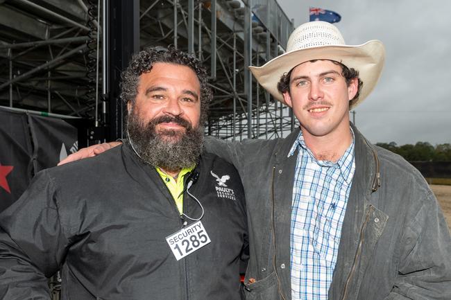 Paul Bonello and Brad Camilleri at the PBR Bull Pit Bull Bash at Dittmann Bucking Bulls in Bloomsbury. August 27, 2022. Picture: Michaela Harlow