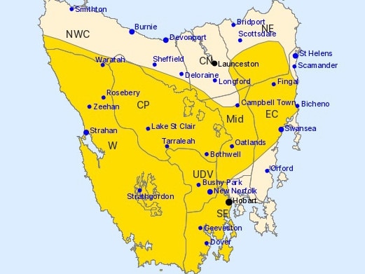 Map shows areas under wind warning across Tasmania, with yellow highlighting regions expected to experience damaging gusts from Monday through Wednesday. Picture: Bureau of Meteorology