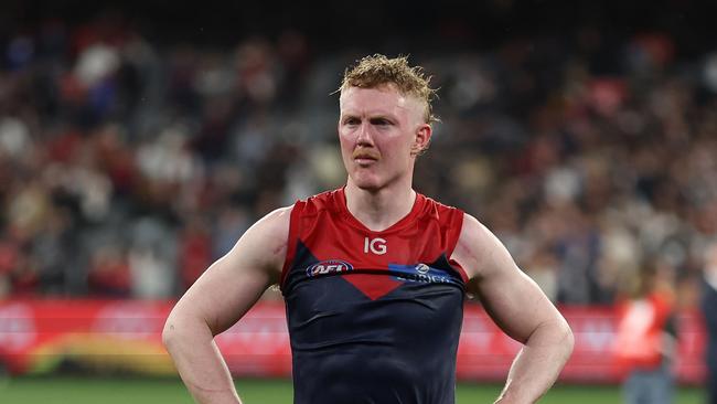 MELBOURNE, AUSTRALIA – SEPTEMBER 15: Clayton Oliver of the Demons is dejected after the Demons were defeated by the Blues during the AFL First Semi Final match between Melbourne Demons and Carlton Blues at Melbourne Cricket Ground, on September 15, 2023, in Melbourne, Australia. (Photo by Robert Cianflone/Getty Images)