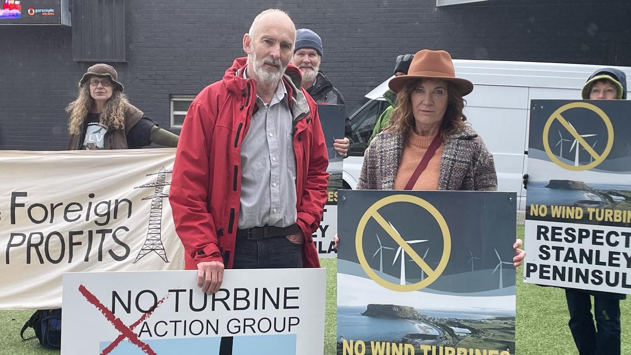 Kerry Houston from Respect Stanley Peninsula - No turbines and David ridley from the No Turbine Action Group outside the energy conference in Devonport