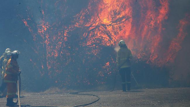 An out of control bushfire jumped Wine Country Drive and smashed head on into the village of North Rothbury, north of Cessnock. Picture: Peter Lorimer.