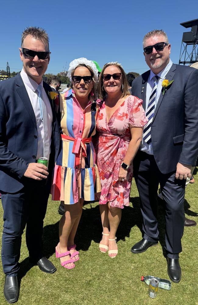 Sam Voysey, Nikki Voysey, Melisa Turner and Darren Turner at the Melbourne Cup at Flemington Racecourse on November 5, 2024. Picture: Phillippa Butt