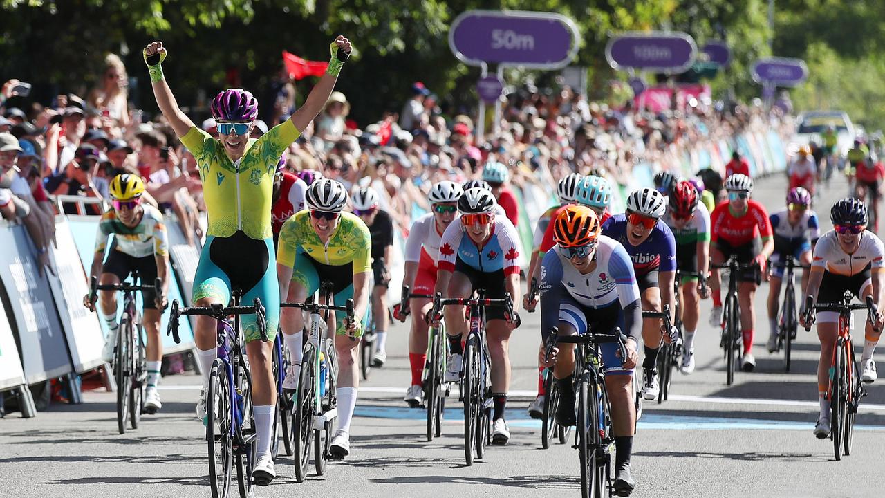 Georgia Baker of Team Australia celebrates as they win gold in the Women's Road Race in the Birmingham 2022 Commonwealth Games. Picture Luke Walker/Getty Images